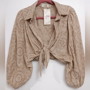 Women's 100% Cotton Eyelet Lace Tie-Front Cropped Blouse Puff Sleeve Boho Shrug